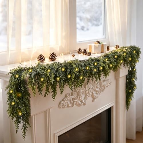 6FT Christmas Garland with Lights, Real Touch Cedar Garland