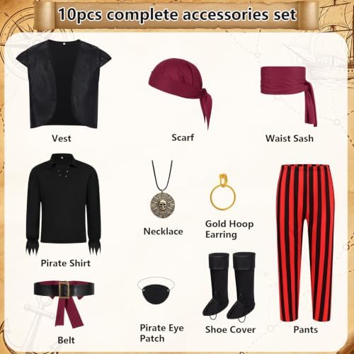 9pcs Adult Halloween Pirate Costume for Men with Accessories