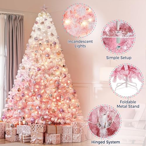 Yaheetech 9ft Prelit Flocked Christmas Tree, Pink & White, 900 Lights