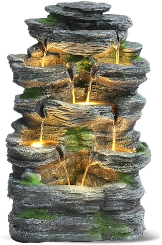 Grepatio Outdoor 7-Tiers Cascading Rock Water Fountain, Waterfall Fountain with 6 LED Lights, Outdoor Fountains and Waterfalls for Garden or Patio, Yard, and Deck Decor with Natural Stone Look