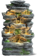 Grepatio Outdoor 7-Tiers Cascading Rock Water Fountain, Waterfall Fountain with 6 LED Lights, Outdoor Fountains and Waterfalls for Garden or Patio, Yard, and Deck Decor with Natural Stone Look