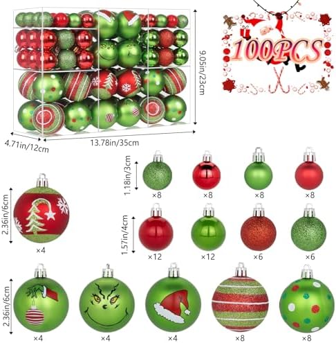 100 Pcs Christmas Ornaments Set for Tree, Red and Green Xmas Decorations, Shiny and Glitter Assorted Shatterproof Hanging Balls Decor Baubles Set for Party/Home/Garland/Wreaths