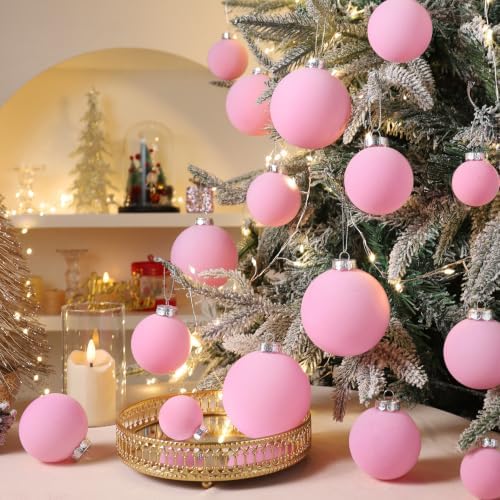 Pink Velvet Christmas Ball Ornaments-46pcs Flocked Xmas Tree Decorations
