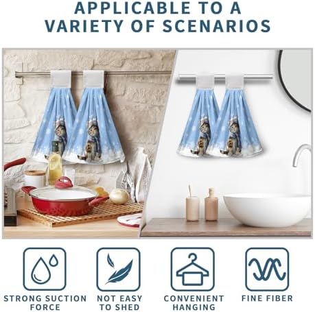 Winter Funny Cat Hanging Kitchen Towels Set of 2 Winter Snowflakes Hand Towel with Hanging Loop Cute Cat with Scarf Hanging Tie Towel Soft Absorbent Blue Dish Tea Towels for Bathroom 12x17 Inch