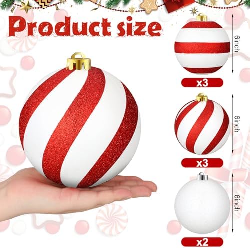 Deekin 8 Pack Extra Large Christmas Ornaments Outdoor, 6 in Red White Balls