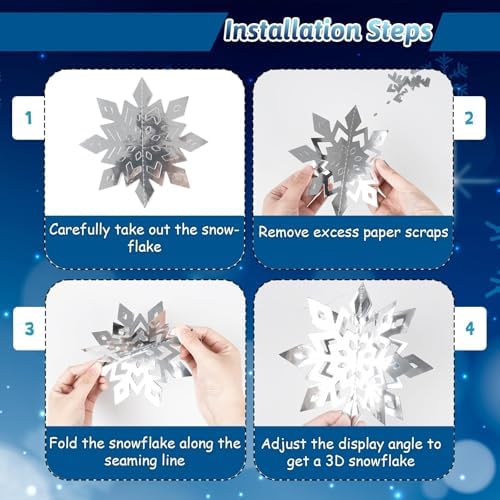 Snowflake Decorations, Paper Christmas Hanging Decor Indoor, Silver, 24-Pc