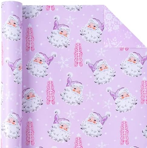 WRAPAHOLIC Reversible Christmas Wrapping Paper - Mini Roll - 17 Inch x 33 Feet - Purple Santa Claus and Snowflake with Embossed for Christmas, Holiday, Party Celebration