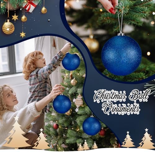 Poen 12 Pcs 6 Inch Large Glitter Christmas Ball Ornament, Dark Blue