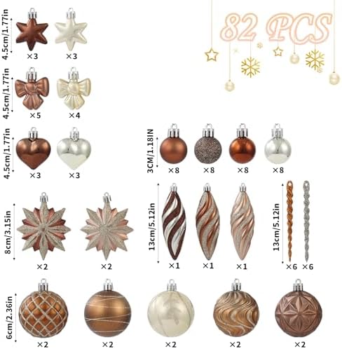 82Pcs Bronze Copper Fall Ornaments for Tree Set, Shatterproof Brown and Gold Christmas Tree Decorations for Home Assorted Plastic Baubles Ball Ornaments for Xmas Party Decor (Copper & Gold)