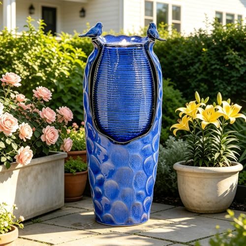 Autodaya 33" Vase Ceramic Outdoor Water Fountain with Lights and Birds