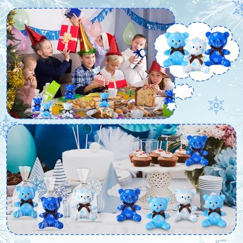 Poen 27 Pack Winter Party Favors Snowflake Mini Plush Bears with Cards Set Small Stuffed Animal Classroom Gifts for Holiday School Students Kids Exchange Prize Reward Gifts Toy