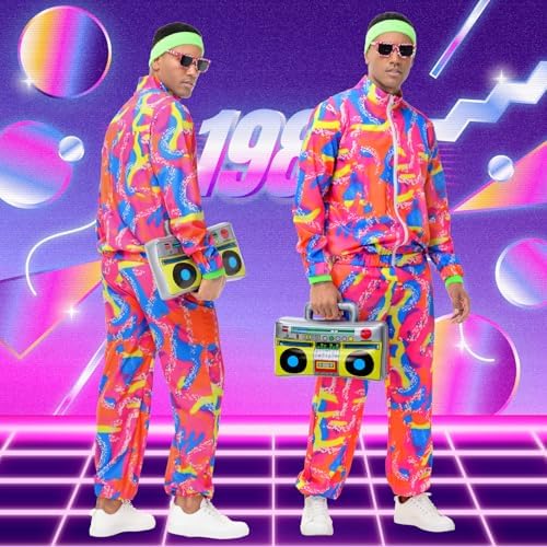 Men's 80s Outfit, Neon Retro Tracksuit for Halloween Party Costume