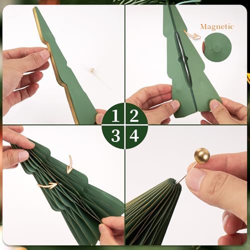 SUNBEAUTY 6 PCS Honeycomb Christmas Tree Thick Paper Christmas Tree 3D Christmas Table Decorations with Metal Ball White Green Xmas Decorations Minimalist Decor for Table Window Fireplace