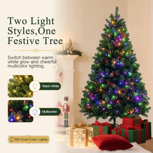 6FT Pre-Lit Green Artificial Christmas Tree with 300 Dual-Color LEDs, 9 Lighting Modes, 667 Branch Tips, Hinged Semi-Automatic Setup for Home, Office and Indoor Holiday Party Decor