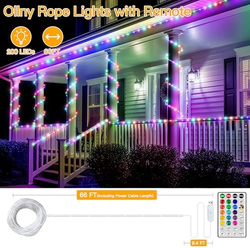 Ollny Color Changing Rope Lights Outdoor, 66FT 200LED String Lights
