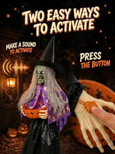 Halloween Witch Animatronic with Candy Bowl, Moving Head & Mouth, Sound