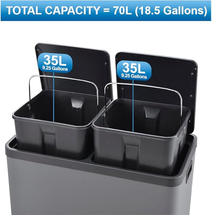 Step N' Sort The 18.5 Gallon Extra Large Capacity, Soft-Step, Dual Trash and Recycling Bin with Removable Inner Bins, Grey