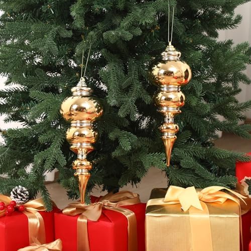 Soulchen 2 Pcs 12" Large Christmas Finial Drop Ornaments, Shiny, Gold