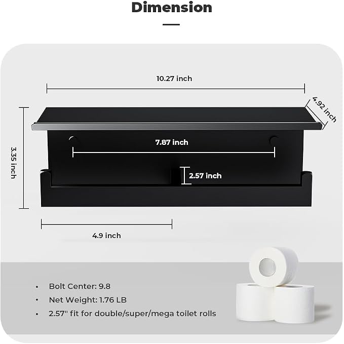 Double Toilet Paper Holder with Shelf, FreshGlow Tissue Holder Matte Black, Wall Mount Commercial Toilet Paper Dispenser Phone Shelf Stainless Steel, Tissue Roll for Bathroom