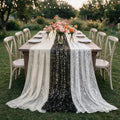 Artoid Mode 3PC Beige Black White Gauze Table Runner 120 Inch 10FT, Glitter Metallic Foil Sheer for Wedding Anniversary Holiday Birthday Home Party Decor