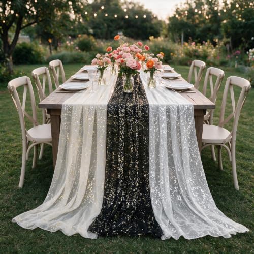 Artoid Mode 3PC Beige Black White Gauze Table Runner 120 Inch 10FT, Glitter Metallic Foil Sheer for Wedding Anniversary Holiday Birthday Home Party Decor