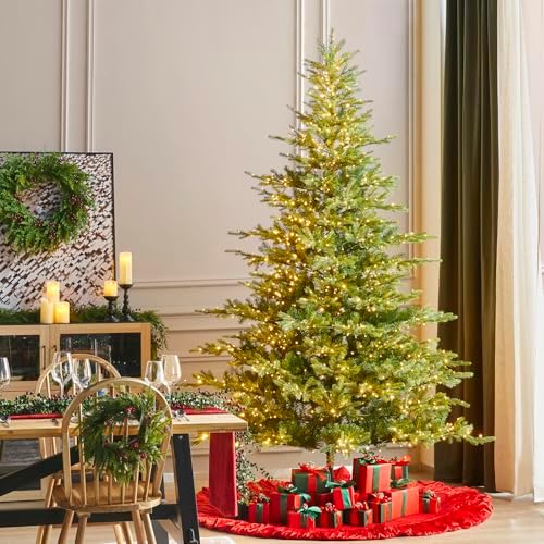 Glitzhome Artificial Christmas Tree, 9ft Vibrant Evergreen Fir Christmas Trees Prelit with 2,000 Warm White/Multi-Color Lights, 9 Function w/Foot Pedal and Remote Control, Easy Assembly