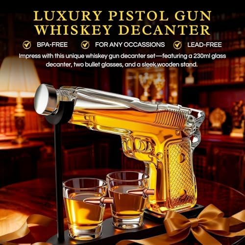 Whiskey Gun Decanter Set + 2 Bullet Glasses - Birthday Pistol Gifts for Men, Boyfriends Who Have Everything, Whiskey Gifts for Dad, Father, Husband, Boyfriend & Military Enthusiasts, Liquor Dispenser