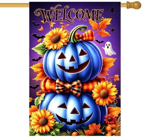 Large Halloween Blue Pumpkin Welcome House Flag for Outside 28 x 40 Inch