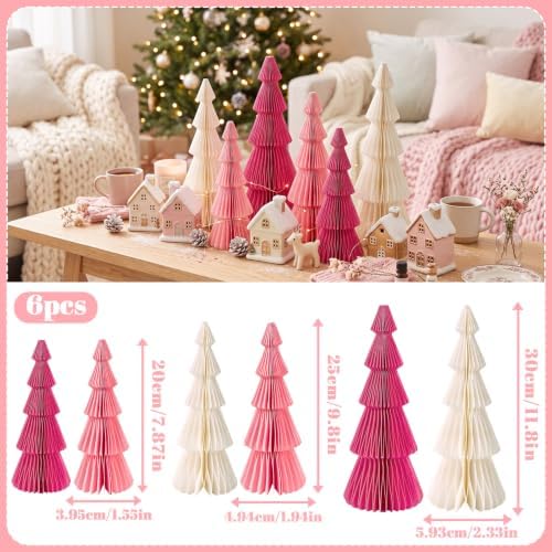 SUNBEAUTY Pink Honeycomb Paper Christmas Trees, 6pcs Foldable Honeycomb Trees, Christmas 3D Paper Tree Table Centerpieces for Home Indoor Modern Xmas Tabletop Holiday Decor