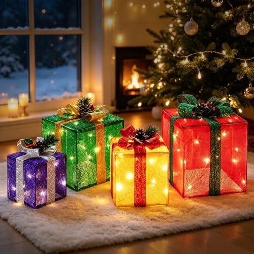 Set of 4 Christmas Lighted Gift Boxes, 70 LED Lights Present Box