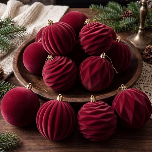 Liliful 4 Inch 12 Pcs Velvet Christmas Ornaments Balls, Burgundy Red