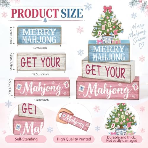 Moucuny 4 Pcs Christmas Mahjong Table Decor Merry Mahjong Wooden Signs