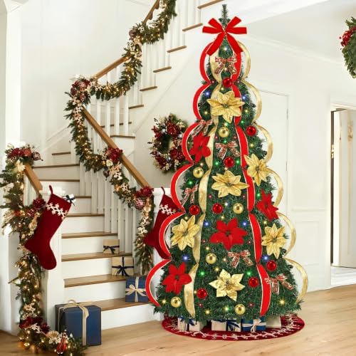 7 Ft Pop up Christmas Tree,Pre-Lit Christmas Trees with Lights 250 LED Collapsible Christmas Tree Plug-in Timer with Remote, 8 Lighting Modes for Outdoor Indoor Party Christmas Decor