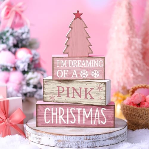 Lineshading 4 Pcs Pink Christmas Table Decor, Wooden Christmas Tree Signs