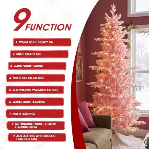 Glitzhome 7.5ft Prelit Artificial Christmas Tree, Slim Pink Frostfall Fir Xmas Tree with 360 Warm White & Multi-Color Lights, 1,486 Branch Tips, Flocked Christmas Tree for Indoor Holiday Spaces