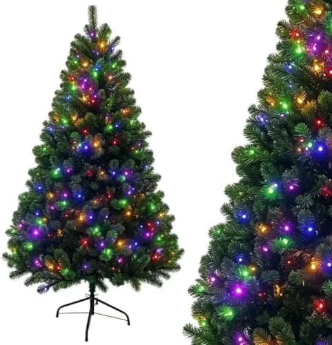 6FT Pre-Lit Green Artificial Christmas Tree with 300 Dual-Color LEDs, 9 Lighting Modes, 667 Branch Tips, Hinged Semi-Automatic Setup for Home, Office and Indoor Holiday Party Decor