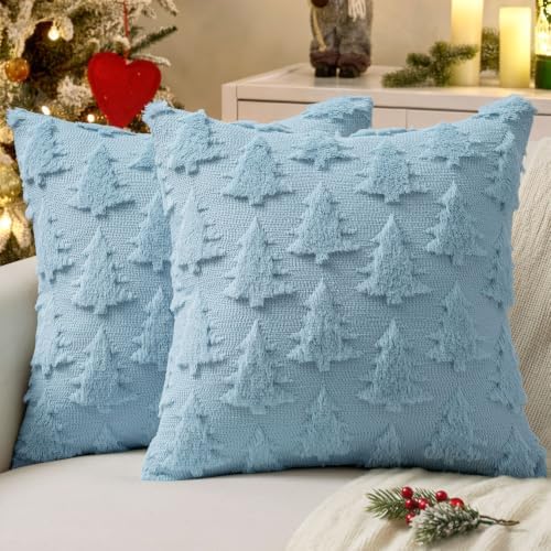 MIULEE Christmas Throw Pillow Covers Blue Christmas Decorations Set of 2 Xmas Tree 18x18 Pillow Covers Soft Plush Faux Wool Pillowcases Holiday Festivals Winter Home Decor Sofa Couch Bed Porch
