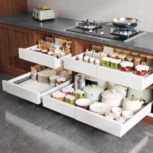 Seinloes 4 Pack Pull Out Cabinet Organizer Expandable Width(15"-25") and Depth(17"-24"),Slide Out Drawers With Raising Pad for Framed Cabinets,No Drill Roll Out Shelves for Kitchen,Bathroom,White