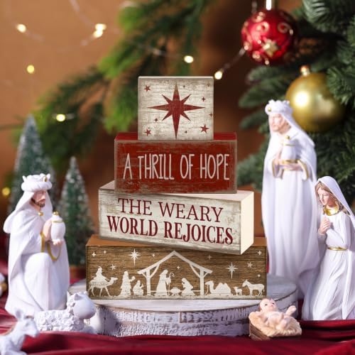 Lineshading 4 Pcs Christmas Table Decorations, Nativity Star Wooden Signs