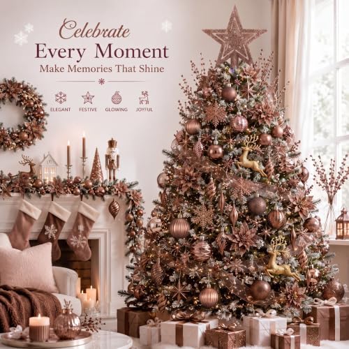 CroBlissful 118 Pcs Christmas Tree Ornaments Set Including Ornaments Balls, Hanging Snowflakes Icicle, Mesh Ribbon, Tree Top Star, Flower, Berries Stems for Xmas Trees Holiday Decor(Brown)