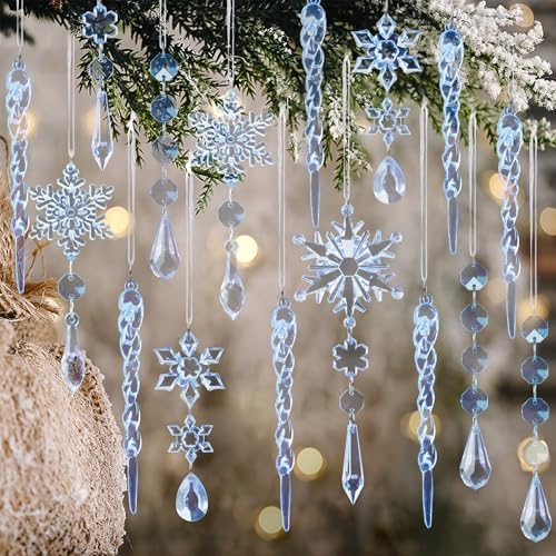 Crystal Christmas Tree Ornaments, Blue Acrylic Snowflake & Icicle, 18pcs