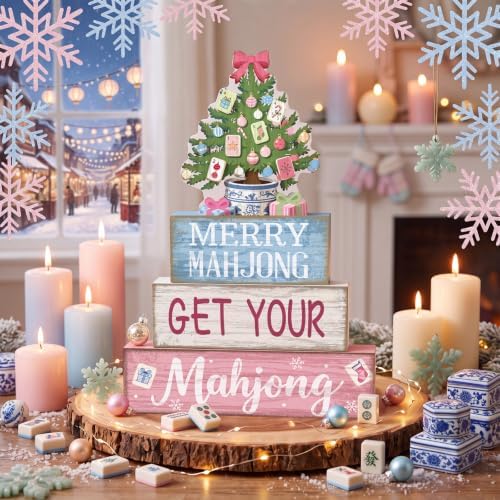 Moucuny 4 Pcs Christmas Mahjong Table Decor Merry Mahjong Wooden Signs