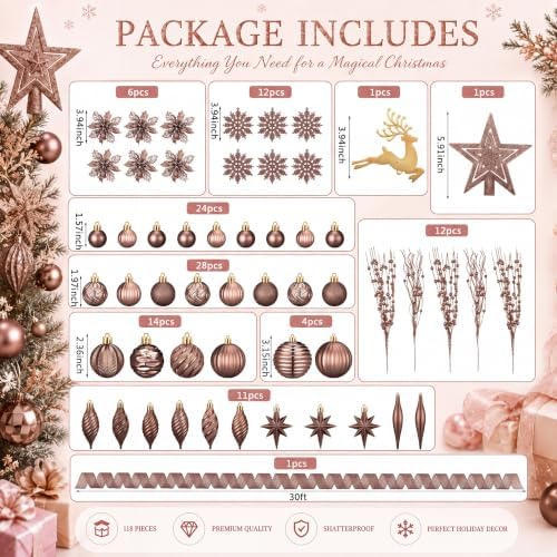 CroBlissful 118 Pcs Christmas Tree Ornaments Set Including Ornaments Balls, Hanging Snowflakes Icicle, Mesh Ribbon, Tree Top Star, Flower, Berries Stems for Xmas Trees Holiday Decor(Brown)
