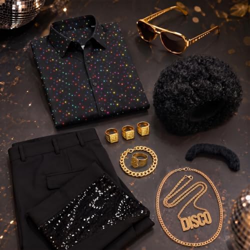 12Pcs 70s Outfits for Men, Disco Costume with Bell Bottom Pants Shirt Set