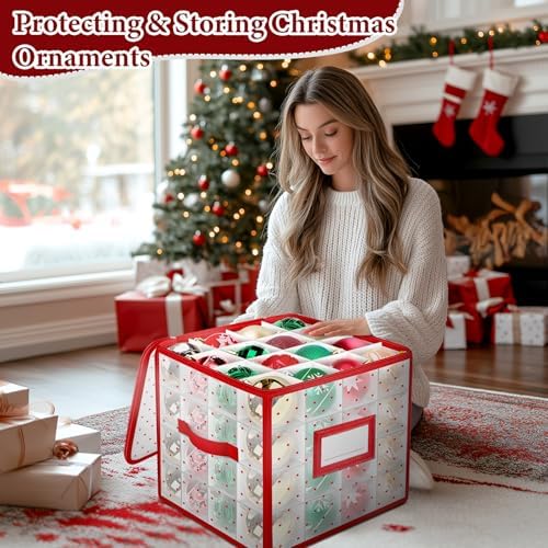 BlessedSeason Christmas Ornament Storage Box with Adjustable Dividers, Store up to 64 3-inch or 36 4-inch Christmas Ornaments, Plastic Xmas Storage with Zippered Closure & Two Handles