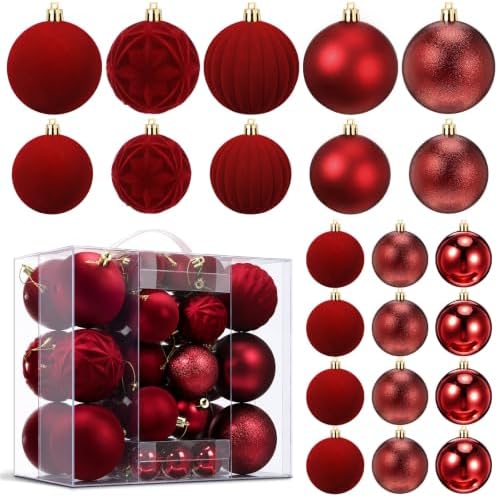 Civaner 52 Pcs Velvet Christmas Ball Ornaments Flocked Christmas Tree Hanging Ornaments 3 Assorted Size Shatterproof Xmas Ball Decorations Set for Xmas Holiday Winter Party Decor (Burgundy)