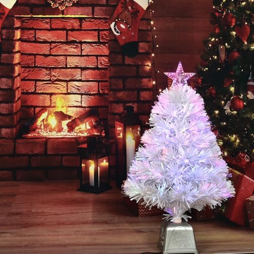 24inch White Fiber Optic Christmas Tree,Pre-Lit Artificial Mini Christmas Tree, Tabletop Small Xmas Tree with Stars Holiday Home Decorations
