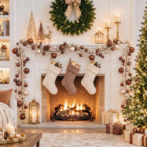 2 Pcs 6 ft Christmas Ball Ornament Garland, Brown, Champagne Gold