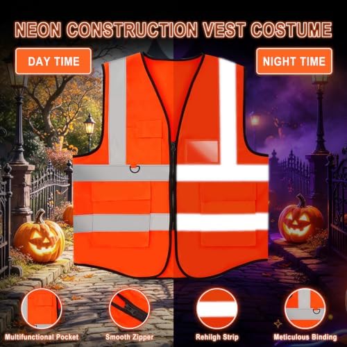 Neon Construction Worker Costume, Reflective Vest Costume Hat Glasses