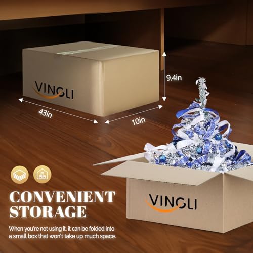 VINGLI 7ft Pre Lit Pop Up Christmas Tree w/ 200 Lights, Fully Decorated Flocked Pencil Christmas Tree, Collapsible Xmas Tree for Holiday Party Decorations (Blue&Silver)